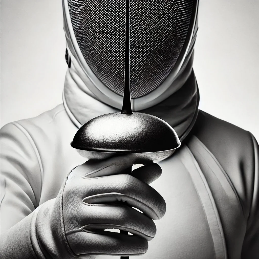Fencer holding épée in competitive stance